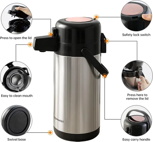 Vista 3 de Airpot - Jarra de café para mantener el calor, dispensador de café térmico de 102 oz/3 litros con bomba, dispensador de bebidas calientes de acero