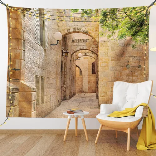 Vista 9 de Ambesonne Tapiz de paisaje, orientación oriental israelí, arquitectura, calles, casas, imagen, imagen, imagen, colgar en la pared para dormitorio