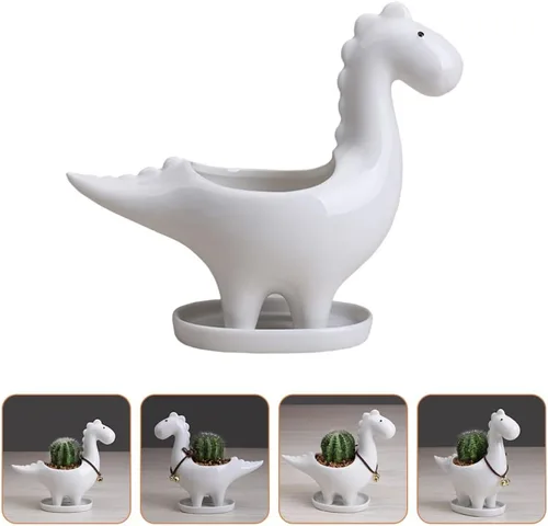 Vista 3 de Cabilock Maceta de cerámica de dinosaurio con bandeja de drenaje, adorable maceta para suculentas para decoración de escritorio de jardín