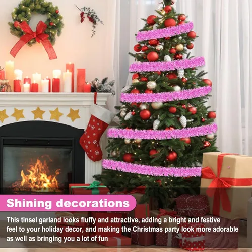 Vista 4 de Guirnalda de oropel de Navidad rosa macarrón de 50 pies, guirnalda de papel de aluminio metálico para colgar en la pared, telón de fondo