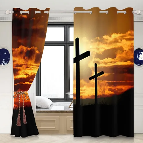 Vista 2 de Cortinas opacas con cruz de Jesús para ventana, puesta de sol, montaña, estilo cristianismo, juego de 2 paneles para sala de estar, dormitorio