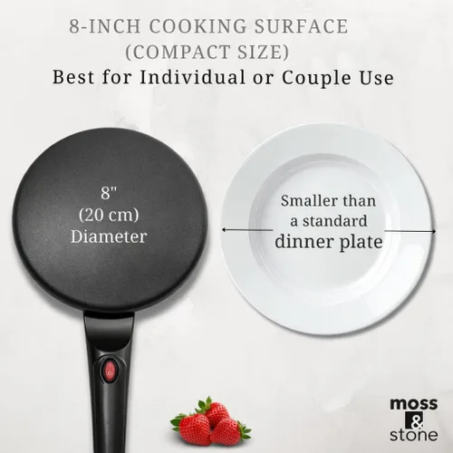 Vista 8 de Moss & Stone Máquina Eléctrica para Crepas – Sartén Portátil para Crepas de 8" Antiadherente con Plato de Inmersión, Apagado Automático, Interruptor