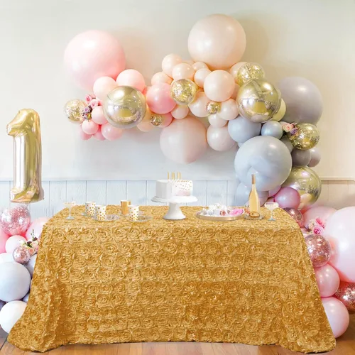 Vista 3 de QueenDream Mantel de roseta dorada de 90 x 132 pulgadas, mantel floral rústico para bodas, fiestas de cumpleaños, eventos y decoración