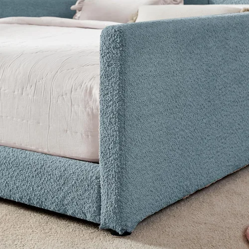 Vista 6 de Cama de suelo tapizada de tamaño matrimonial con valla y bolsillos, cama de Cama de suelo tapizada de tamaño matrimonial con listones y cabecero