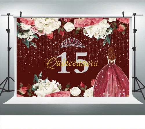 Vista 7 de Telón de fondo de feliz cumpleaños 15 para niña, quinceañera, 5 x 3 pies, corona de flores rojas burdeos, corona, princesa, decoración de fiesta