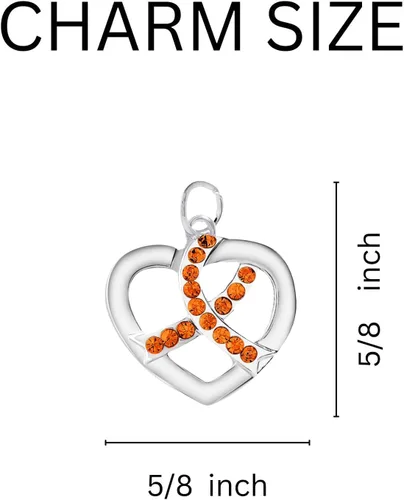Vista 2 de Dijes naranjas en cinta, corazón y forma redonda para cáncer de riñón, leucemia, esclerosis múltiple, hambre, violencia armada y conciencia sobre