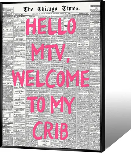Vista 17 de DVBOCS Pósteres retro de Hello Mtv Welcome To My Crib, fuente rosa, arte de pared en lienzo de periódico, impresiones de pintura de afirmación