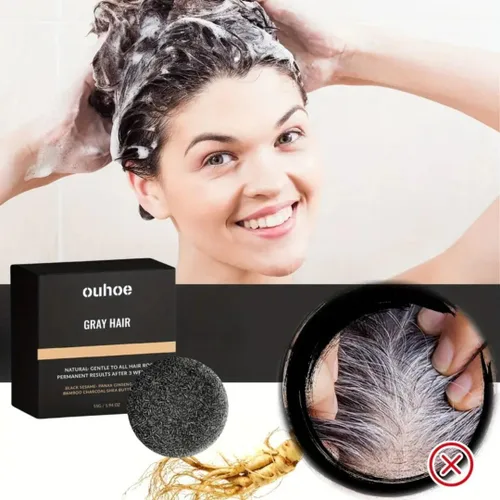 Vista 6 de Set de jabón negro herbario para el cabello, con extracto de ginseng, polvo de carbón y semilla de sésamo, aspecto oscuro natural, apoya el cabello