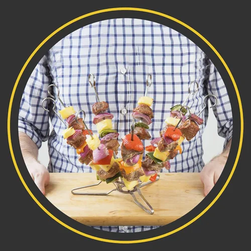 Vista 8 de O-Yaki - Sistema de brochetas verticales de metal para barbacoa, juego de 9 pinchos planos para asar brochetas con soporte para brochetas, libro