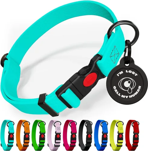 Vista 17 de Collar de perro ajustable con código QR identificación adjunta, fabricado en Estados Unidos, collar de perro resistente al agua con hebilla