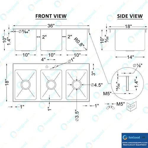 Vista 4 de AmGood Fregadero de acero inoxidable con 3 compartimentos, certificado NSF (10 x 14 x 10 pulgadas)