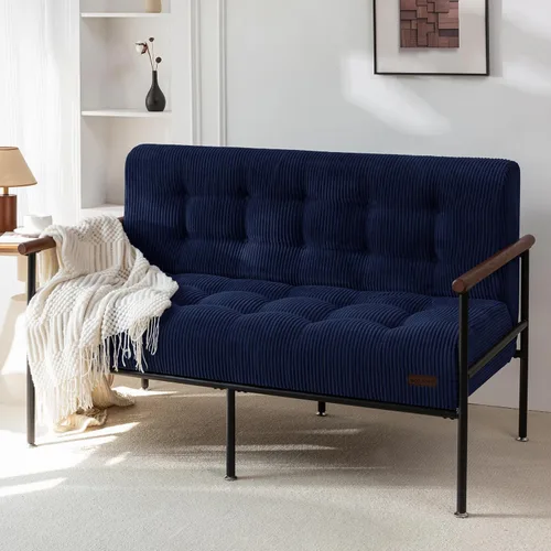 Vista 11 de MAXYOYO Silla decorativa para sala de estar, sofá biplaza con marco de metal resistente y reposabrazos de madera, sofá pequeño tapizado con botones