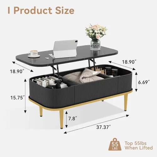 Vista 2 de Mesas de centro rectangulares para sala de estar, moderna mesa de centro acanalada con almacenamiento, mesa de centro pequeña, mesa central ovalada