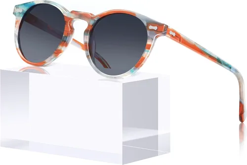 Vista 64 de CARFIA Gafas de sol polarizadas de acetato redondo para mujer, protección UV de cara pequeña con funda de cuero CA5288