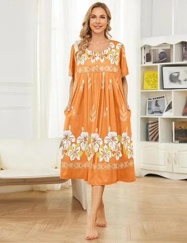 Vista 4 de Bloggerlove Camisón hawaiano para mujer, vestido de casa hawaiano Muumuu con estampado de tumbona, vestido de patio con bolsillos Moomoo