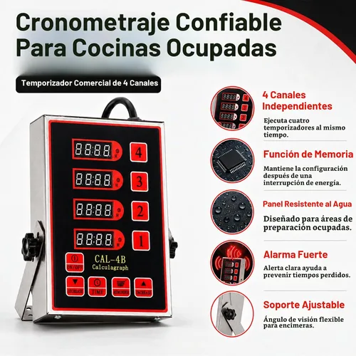 Vista 4 de Temporizador de cocina digital comercial de 4 canales, temporizador de cálculo de acero inoxidable con alarma fuerte para restaurante, recordatorio
