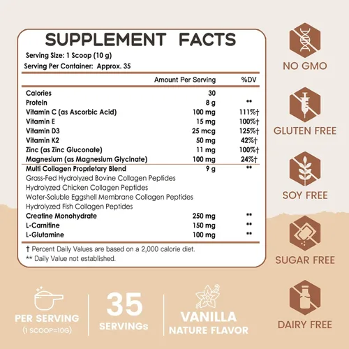 Vista 9 de NATURE TARGET Paquete de péptidos de colágeno múltiple en polvo, chocolate y vainilla, colágeno hidrolizado para mujeres y hombres con creatina