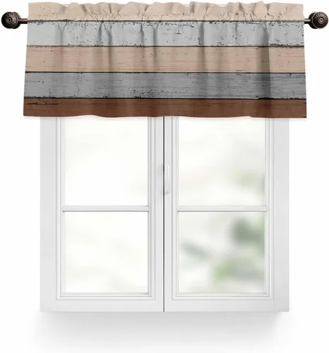 Vista 42 de Cenefa de cenefa retro rústica, antigua granja, madera de granero, rojo y marrón, cenefa de ventana para sala de estar, dormitorio, cenefa corta