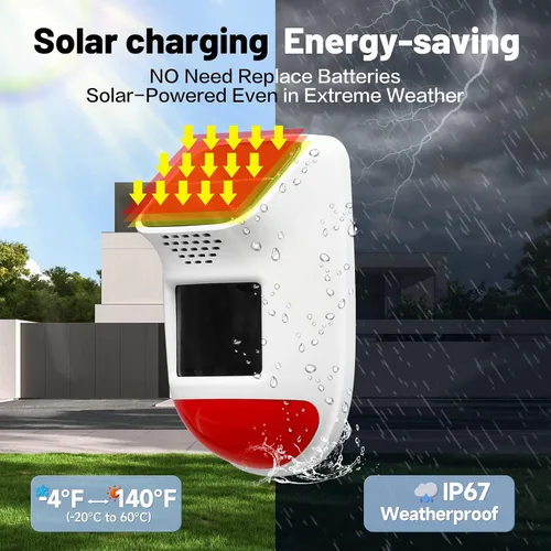 Vista 5 de Alarma Solar con Sensor de Movimiento - Sirena de Seguridad Impermeable IP65 de 120dB con Control Remoto y Luz Estroboscópica, 3 Modos