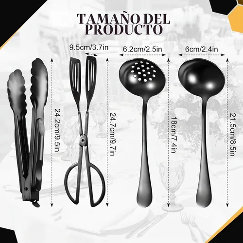 Vista 2 de Juego de cubiertos de servicio de 19 piezas que incluye espátulas de acero inoxidable, tenedores, cucharas, perforadas, para sopa, espumaderas Negro