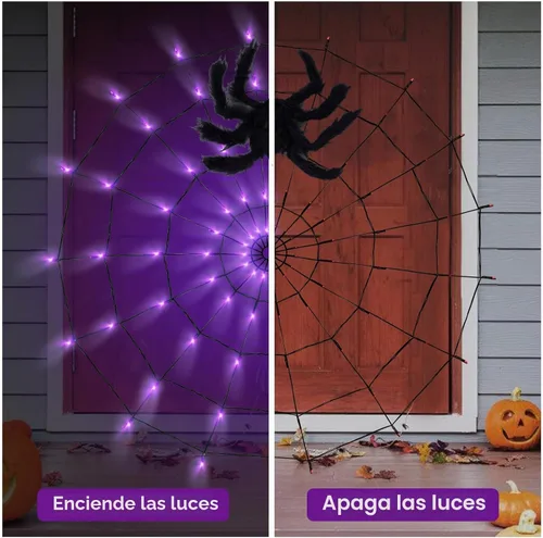 Vista 6 de LCHUANG Decoraciones de Halloween con luces de telaraña – 2 piezas de telaraña iluminadas, 4 pies de diámetro, 70 LED con araña negra, impermeable 2