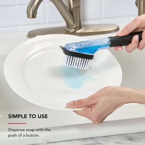 Vista 5 de KitchenAid Cepillo dispensador de jabón para fregadero con mango fácil de llenar, cerdas de nailon para una limpieza resistente, mango de agarre