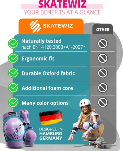 Vista 8 de SKATEWIZ Juego de almohadillas de protección para patineta para niños y adultos - Smash - Almohadillas para patines [6 piezas] con protectores