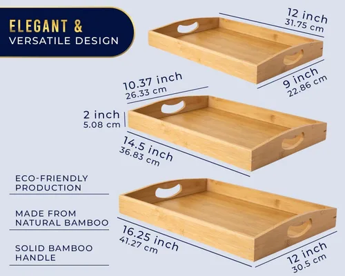 Vista 2 de Comfify Bandejas de bambú para servir, juego de 3 bandejas otomanas para alimentos, entretenimiento y decoración, diseño minimalista Natural