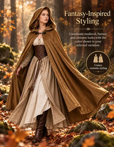 Vista 6 de JPXH Capa medieval con capucha renacentista para hombres y mujeres, disfraz de Halloween Marrón