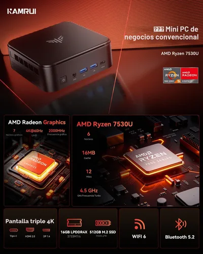 Vista 2 de KAMRUI E3B Mini PC, AMD Ryzen 5 7530U, 16 GB LPDDR4X, SSD de 512 GB Up to 4.5GHz, Mini Gaming PC, Triple 4K display, USB-C, WiFi 6, Bluetooth 5.2