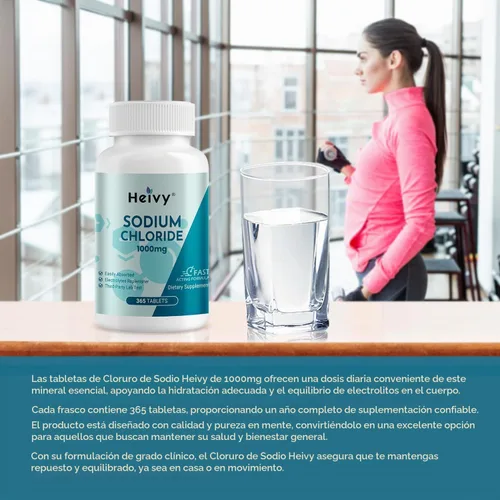Vista 6 de Heivy Tabletas de cloruro de sodio de 1000 mg - Tabletas de sal pura, 365 tabletas, cloruro de sodio, sin OGM, equilibrio de electrolitos y soporte