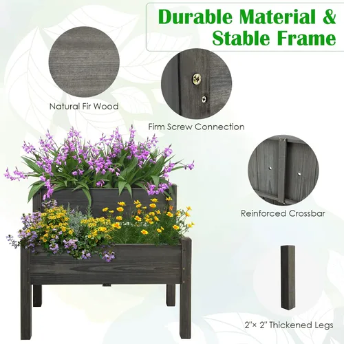 Vista 3 de RELAX4LIFE Cama de jardín elevada de 2 niveles, maceta elevada de madera de abeto con patas, 8 agujeros de drenaje, capacidad de 220 para cultivar