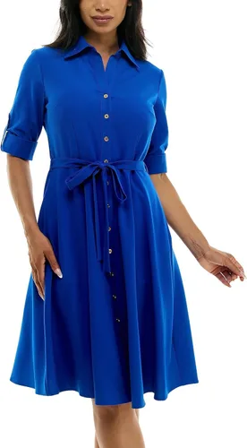 Vista 22 de Sharagano Vestido camisero plisado para mujer, manga 3/4, cuello en V, botones dorados Acacia