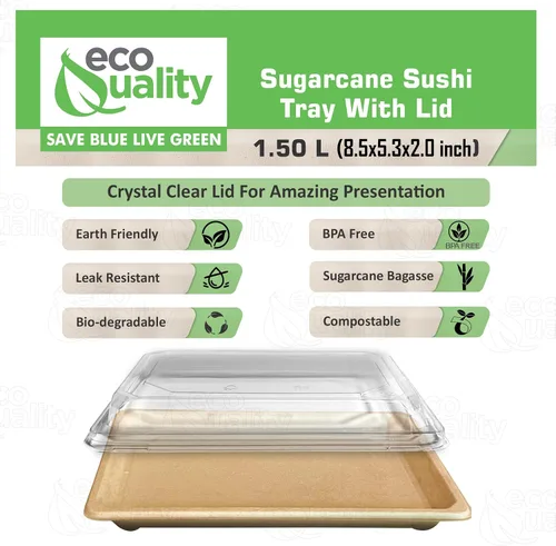 Vista 2 de EcoQuality Bandejas de sushi compostables extragrandes con tapas, contenedor de sushi natural de caña de azúcar, biodegradable, plato de sushi
