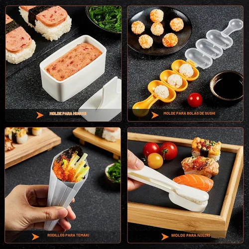 Vista 5 de ISSEVE - Kit de fabricación de sushi 25 en 1 con sushi bazuca y moldes de bambú Juego de bricolaje para principiantes para rollos, nigiri