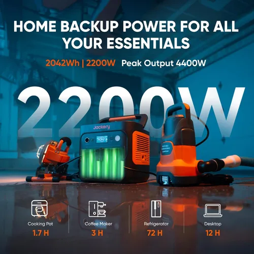 Vista 2 de Jackery Explorer 2000 v2 Estación de Energía y 2 * Paneles Solares de 100W, Batería de Reserva LiFePO4 de 2042Wh para el Hogar, Generador Solar