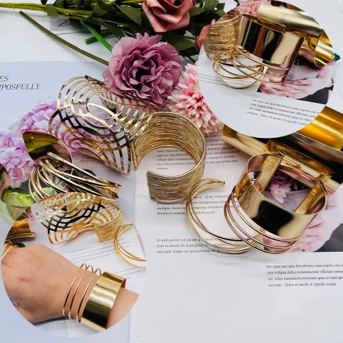 Vista 7 de SAMOCO 7 piezas de brazalete para mujer, brazalete de oro abierto, ancho ancho, brazalete ajustable, brazalete de muñeca, Sin gema