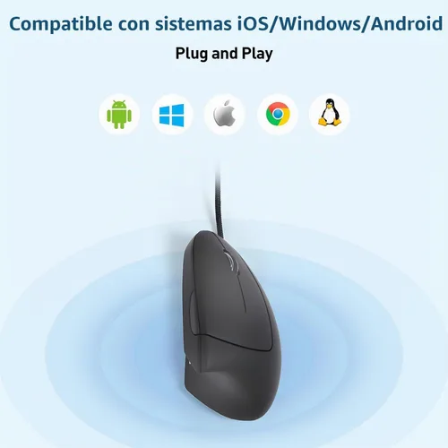 Vista 5 de Ratón ergonómico con cable, mouse vertical con cable USB con 800/1200/1600 DPI ajustable, 6 botones ergonómico para portátil/PC/escritorio, negro