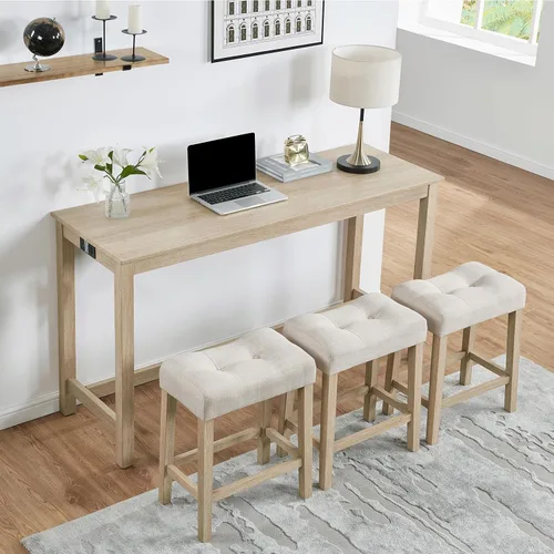 Vista 21 de Juego de mesa de barra de 59" de altura de mostrador con toma de corriente, mesa de desayuno industrial con 3 taburetes acolchados, juego de mesa