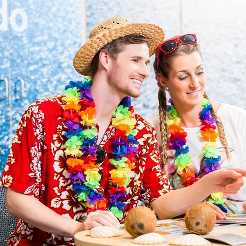 Vista 5 de 6 juegos de faldas hawaianas de hierba Leis para fiesta Luau, falda hula con diademas, pulseras tropicales decoraciones de fiesta, multicolor