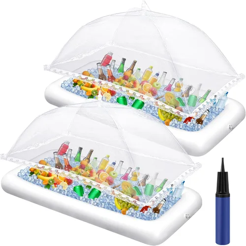 Vista 9 de Leitee - Kit de 5 barras inflables para servir con hieleras, color negro Bandeja de buffet de ensalada con tapón de drenaje, cubierta de malla