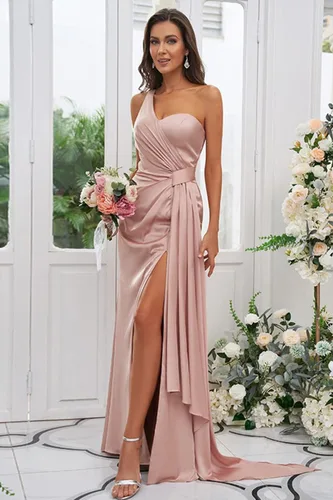 Vista 3 de WaterDress Vestido de dama de honor de satén de un hombro largo para mujeres sin mangas fruncido vestido formal con abertura WD089