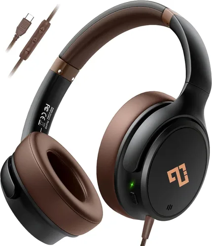 Vista 8 de Auriculares USB C con cable sobre la oreja con micrófono HD, auriculares plegables con cancelación activa de ruido