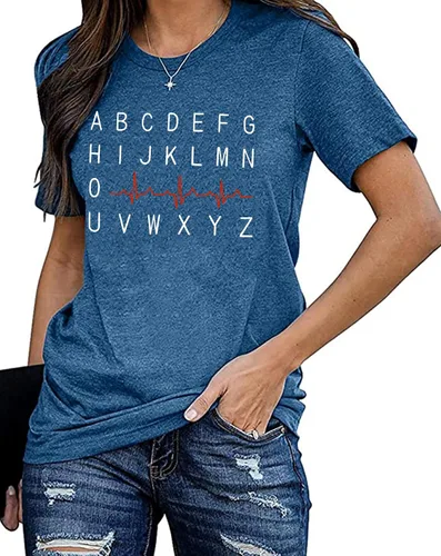 Vista 2 de Nurse Shirt Women Nursing Tshirt ABC Alphabet Print Graphic Tee Tops Nursing School Gift T-Shirt Blouse