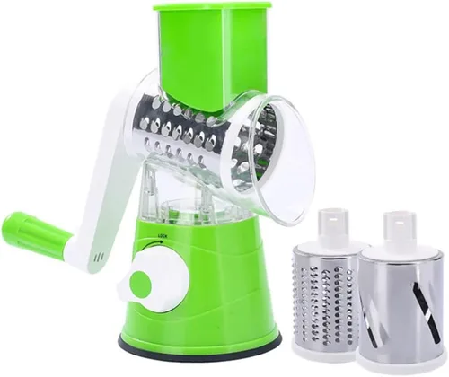 Vista 10 de Rallador rotativo de queso, 3 cuchillas de tambor, velocidad manual, redondo, rebanador de alimentos, molinillo de nueces con base de succión fuerte