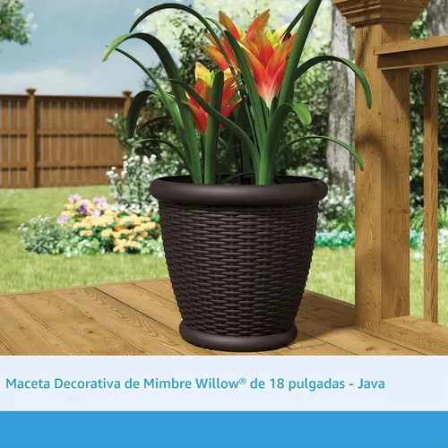 Vista 2 de Suncast. Maceta de mimbre con agujeros de drenaje perforables, maceta decorativa para interior/exterior, 18 pulgadas, Java