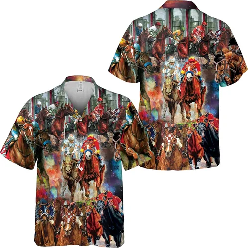 Vista 5 de Camisas hawaianas divertidas de caballos para hombres y mujeres, carreras de caballos de amor hawaiano de verano de manga corta, casual, ajuste