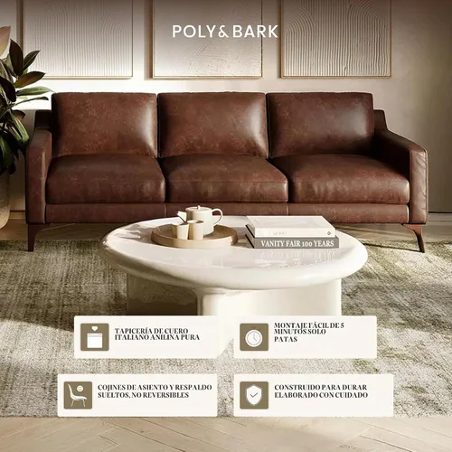 Vista 5 de POLY & BARK Mateo 82” Sofá – Cuero italiano de grano completo y acabado de anilina en color chocolate marrón, cojines de plumón, estructura