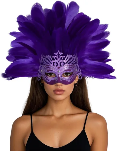Vista 8 de Tocado de plumas para mujer, máscara de carnaval, tocado de plumas para carnaval, accesorios de fiesta de Mardi Gras
