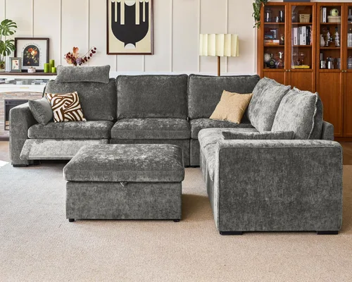 Vista 16 de Sofá reclinable eléctrico de 102.8 pulgadas con reposacabezas, sofá reclinable modular Cloud de gran tamaño con mesa, cajón de almacenamiento